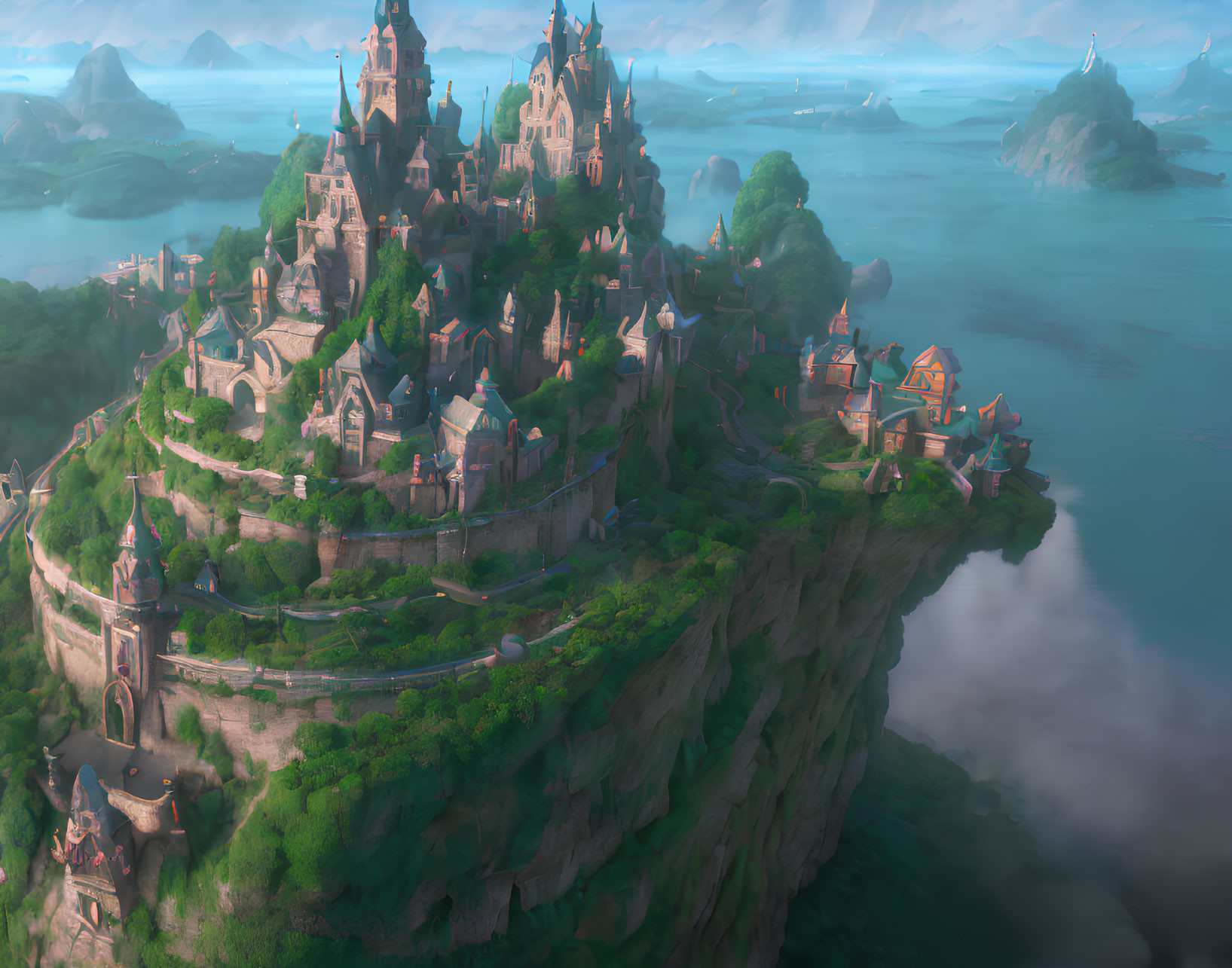 Fantasy castle on cliff overlooking river with surrounding buildings and misty mountains