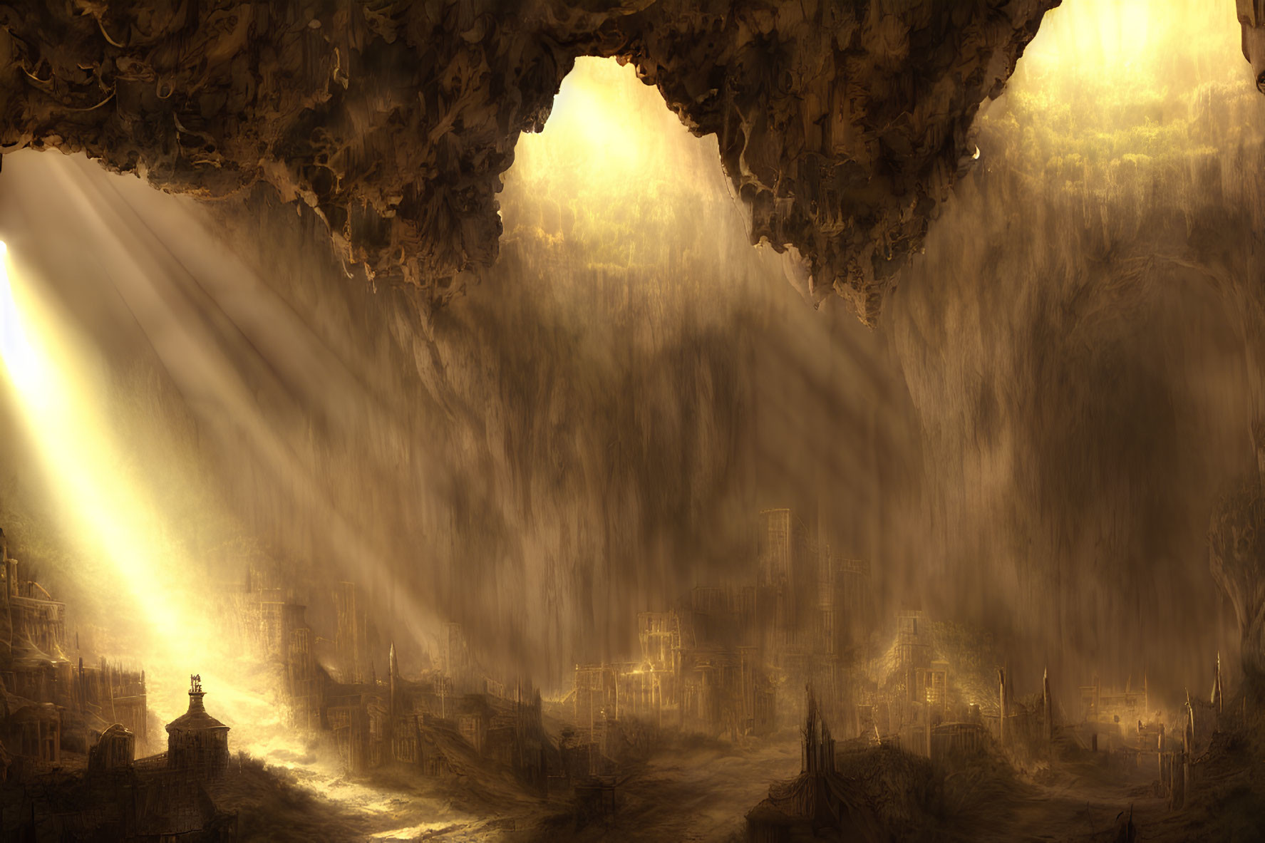 Ancient underground city with warm light and sun rays illuminating structures