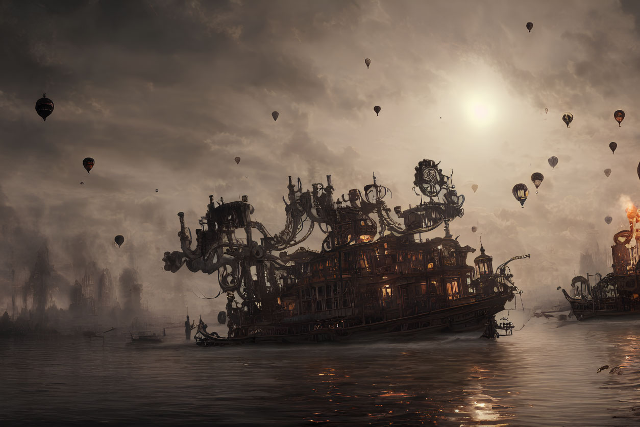 Steampunk ship with gears on misty waters at dusk.