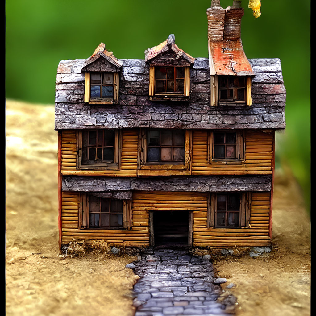 Detailed Miniature Rustic Wooden House with Stone Chimney & Shingled Roof