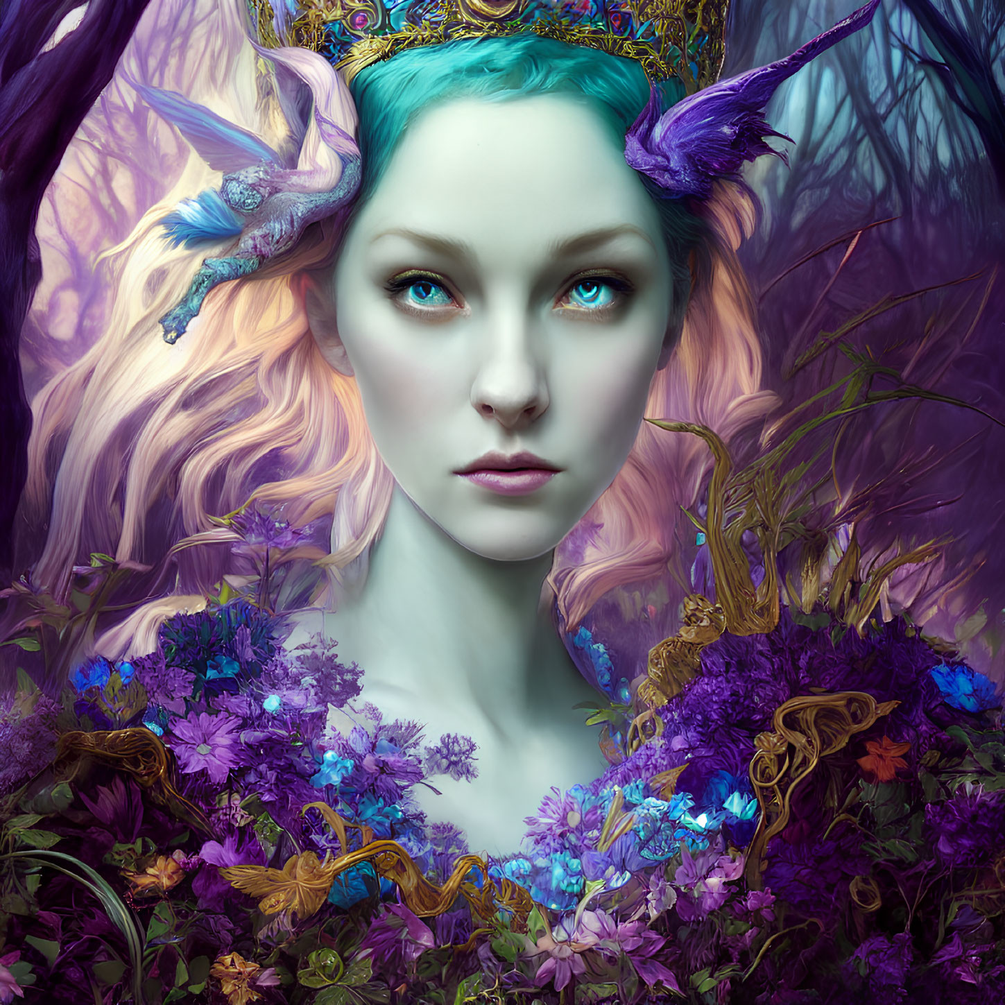 Vibrant turquoise hair woman with jeweled crown and purple horns in lush floral setting