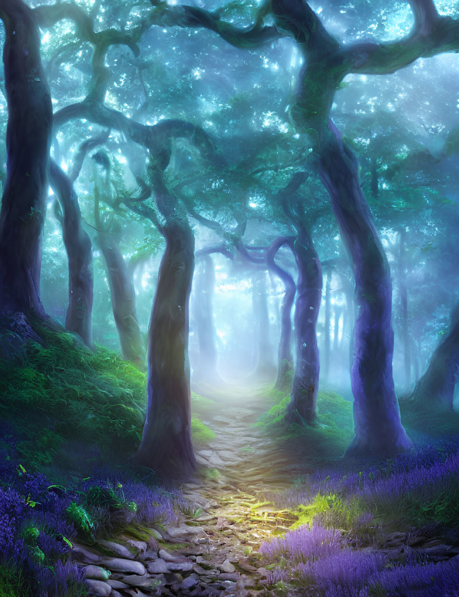 Enchanting forest path with knotted trees and purple flowers