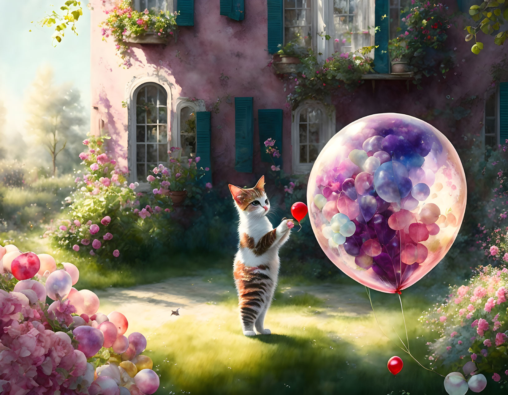 Cat standing on hind legs with transparent balloon in colorful garden