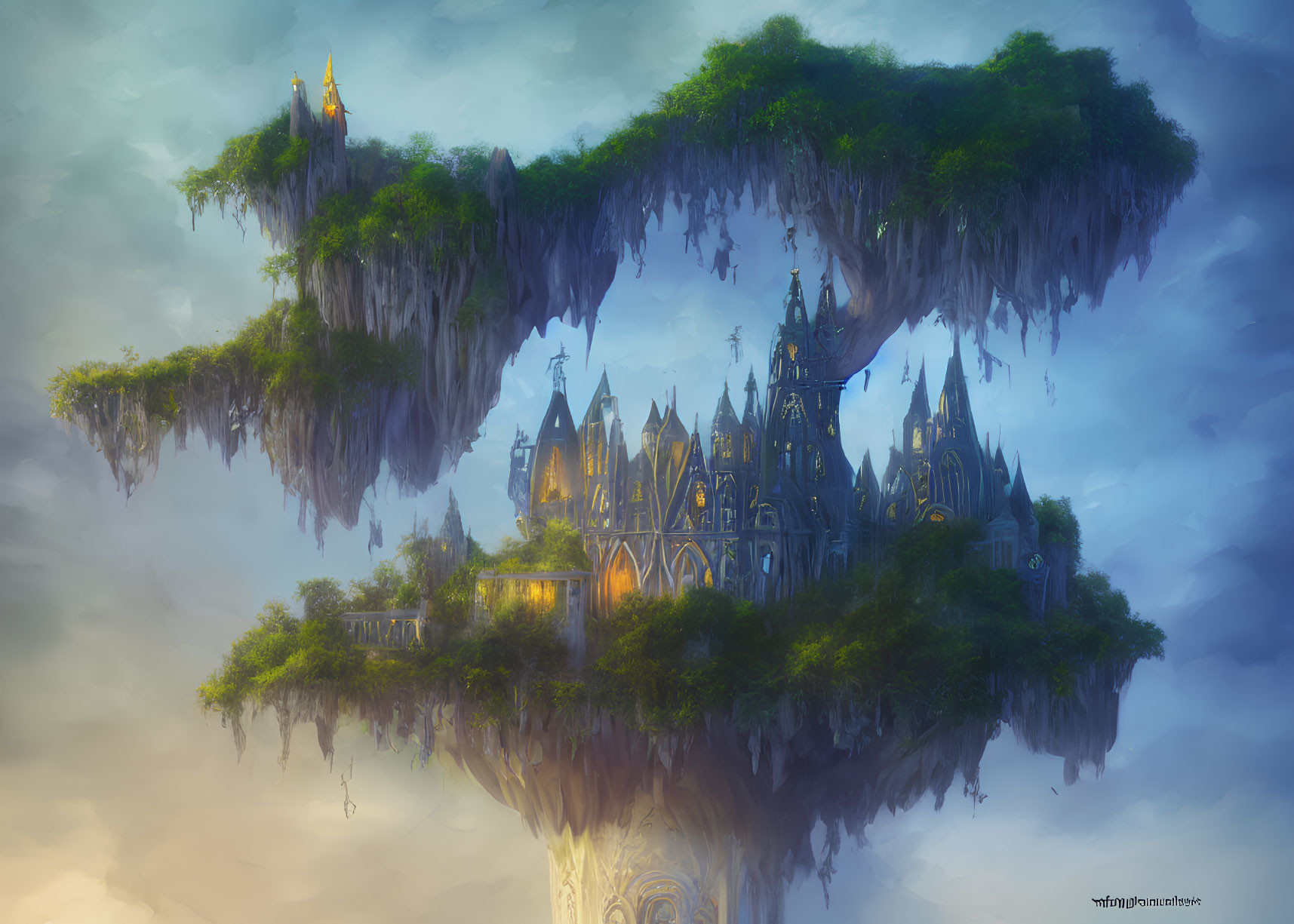 Fantastical city on floating island with lush greenery & Gothic architecture