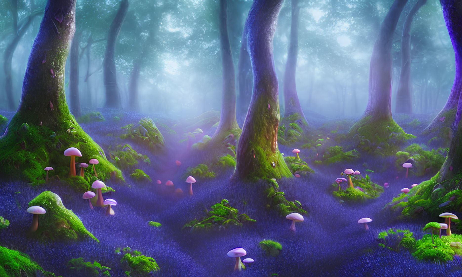 Enchanting forest scene with tall trees, vibrant blue flora, and white mushrooms in ethereal light