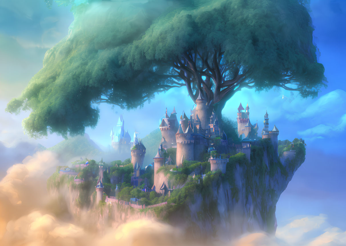 Fantastical castle under massive tree on floating island at sunrise