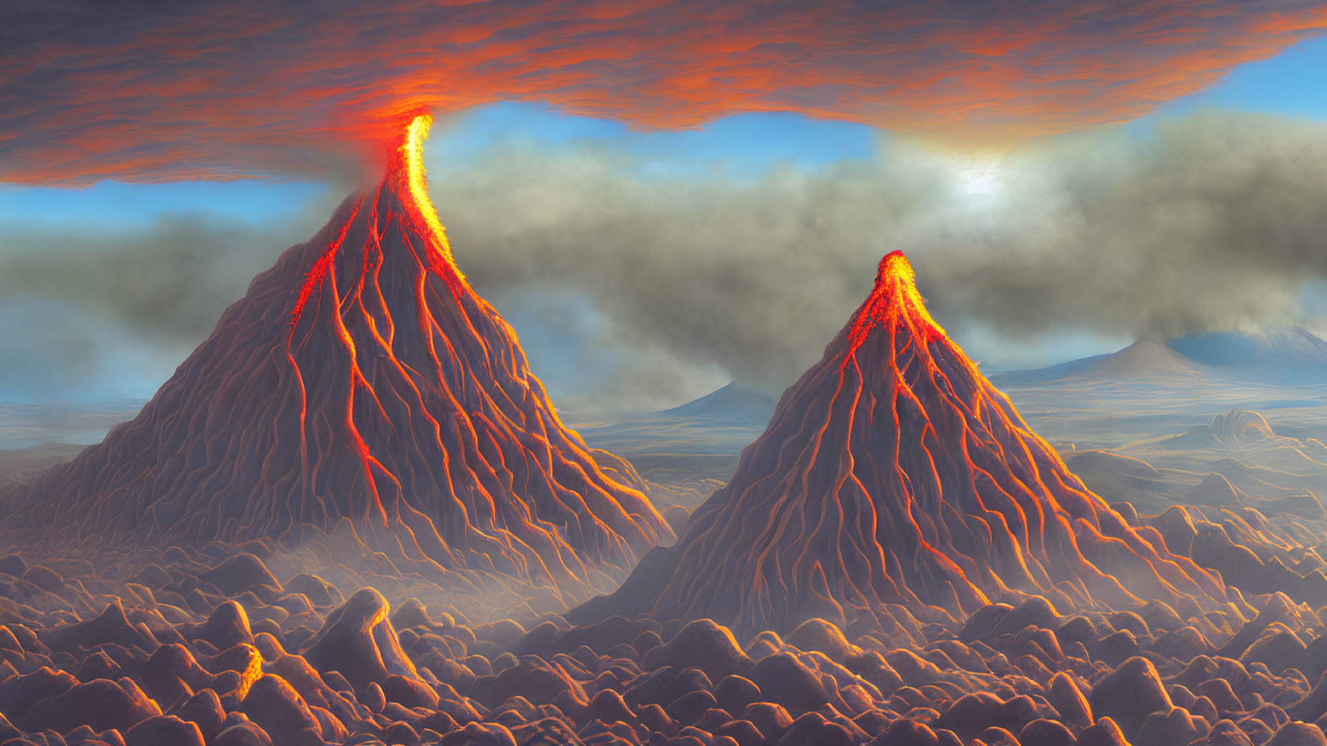 Volcanoes erupting with lava flows in rugged landscape under dramatic sky