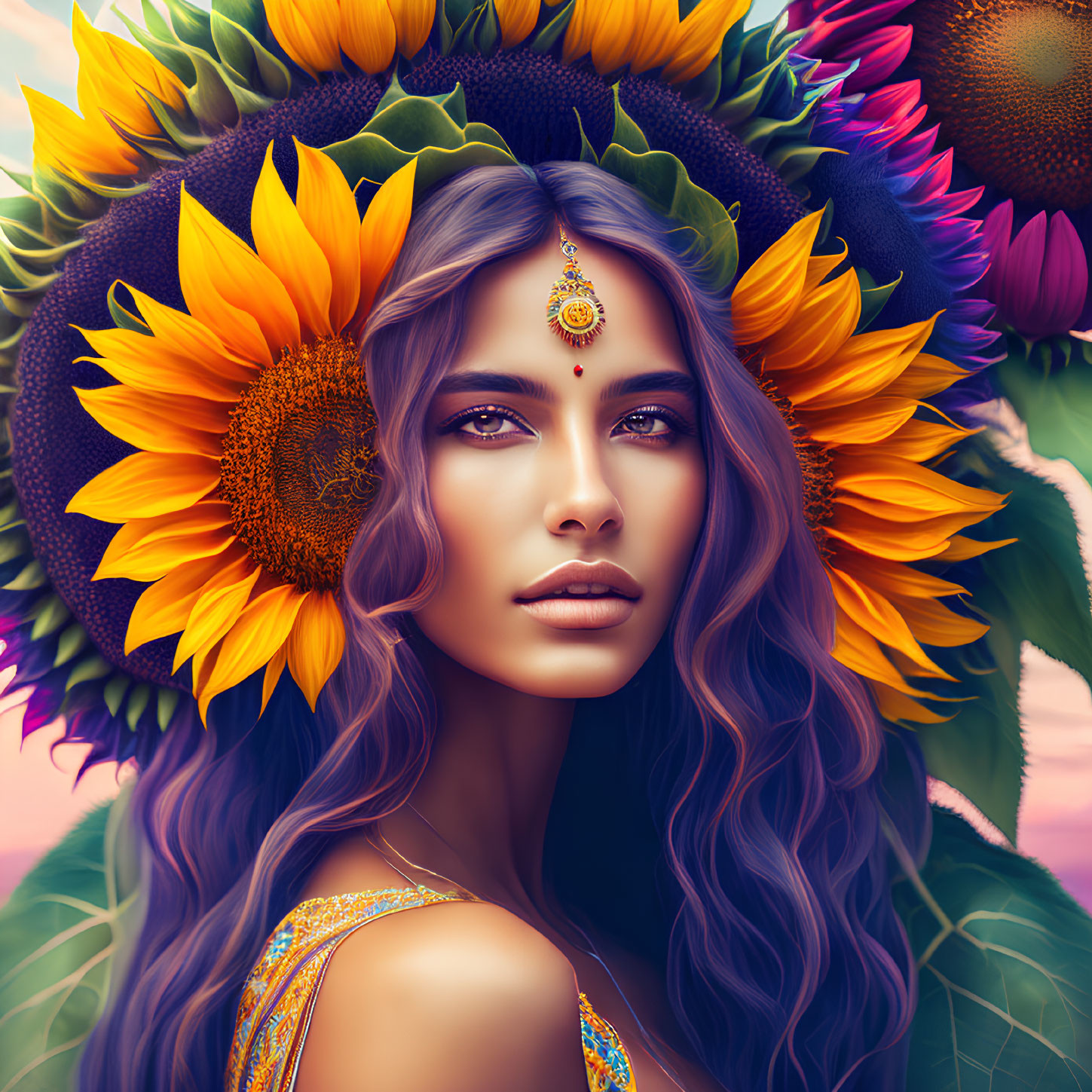 Digital artwork: Woman with sunflower adornments, detailed makeup, colorful floral background.