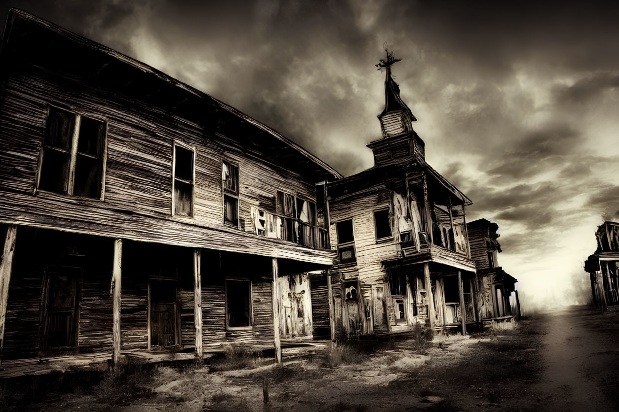 Monochrome image of abandoned Western ghost town with dilapidated buildings and church