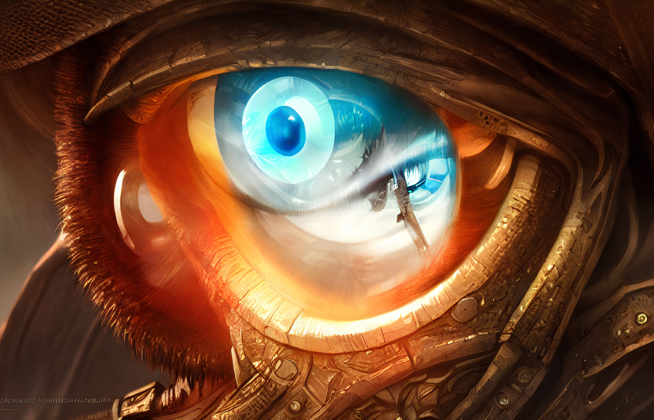 Digital artwork: Close-up blue eye with mechanical details and person reflected.