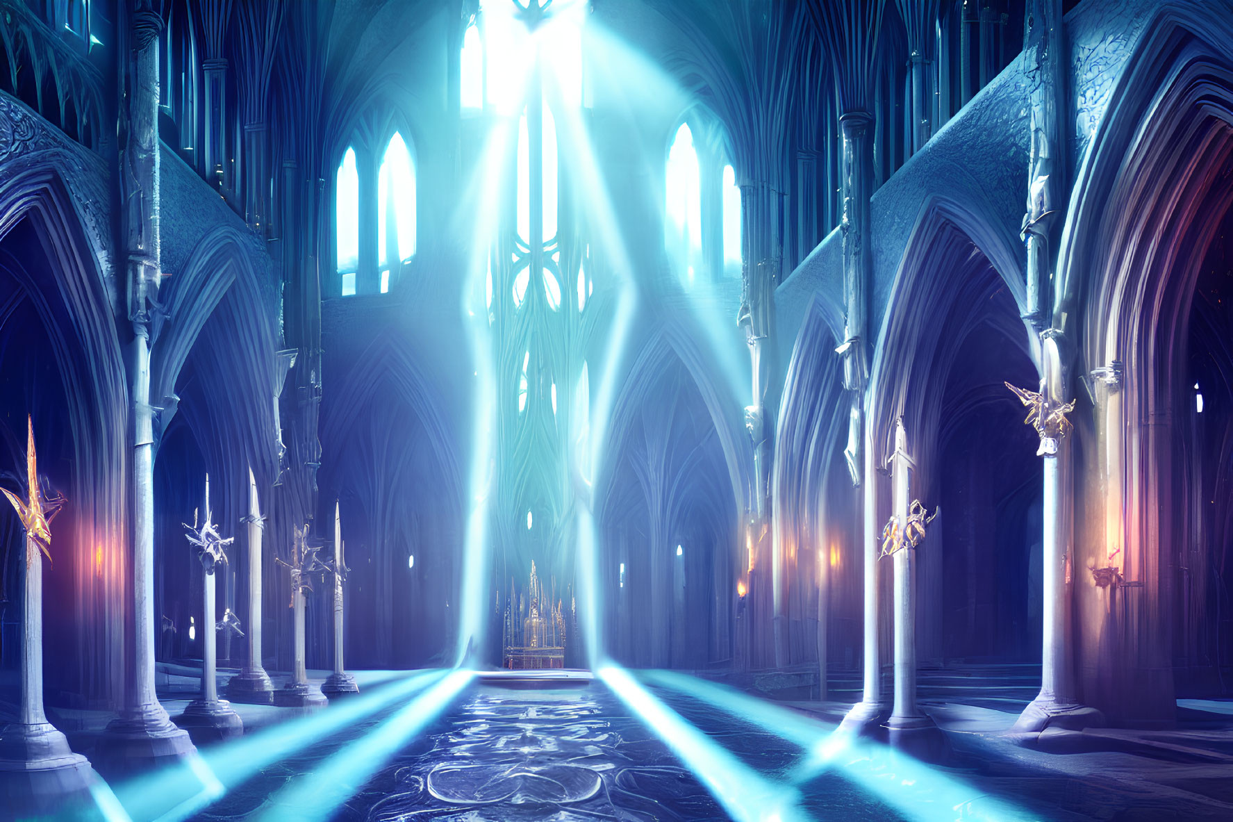 Illustration of Gothic Cathedral Interior with Blue Light and Stained Glass