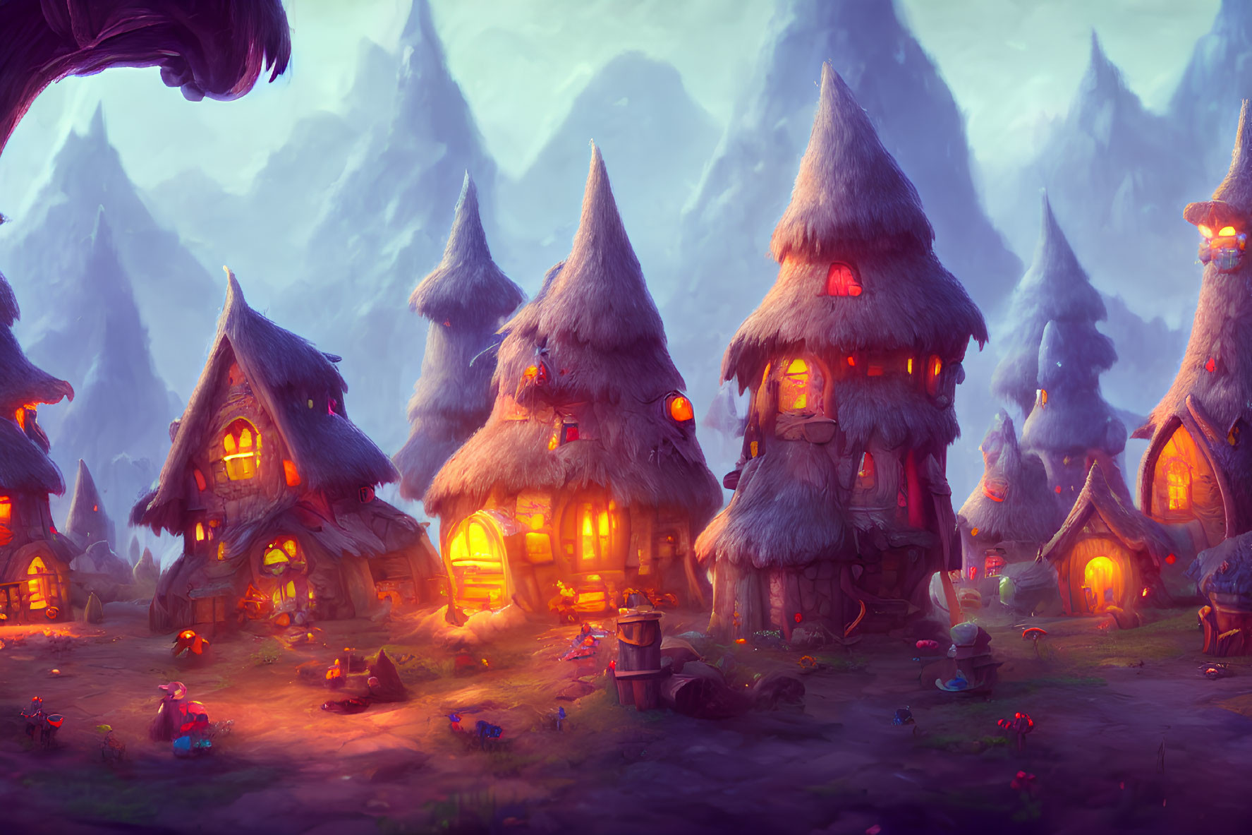 Thatched-Roof Fantasy Village with Glowing Windows at Dusk