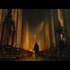 Solitary figure in grand Gothic cathedral with stained glass windows