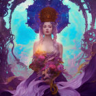 Regal figure in ornate crown and dress against mystical forest.