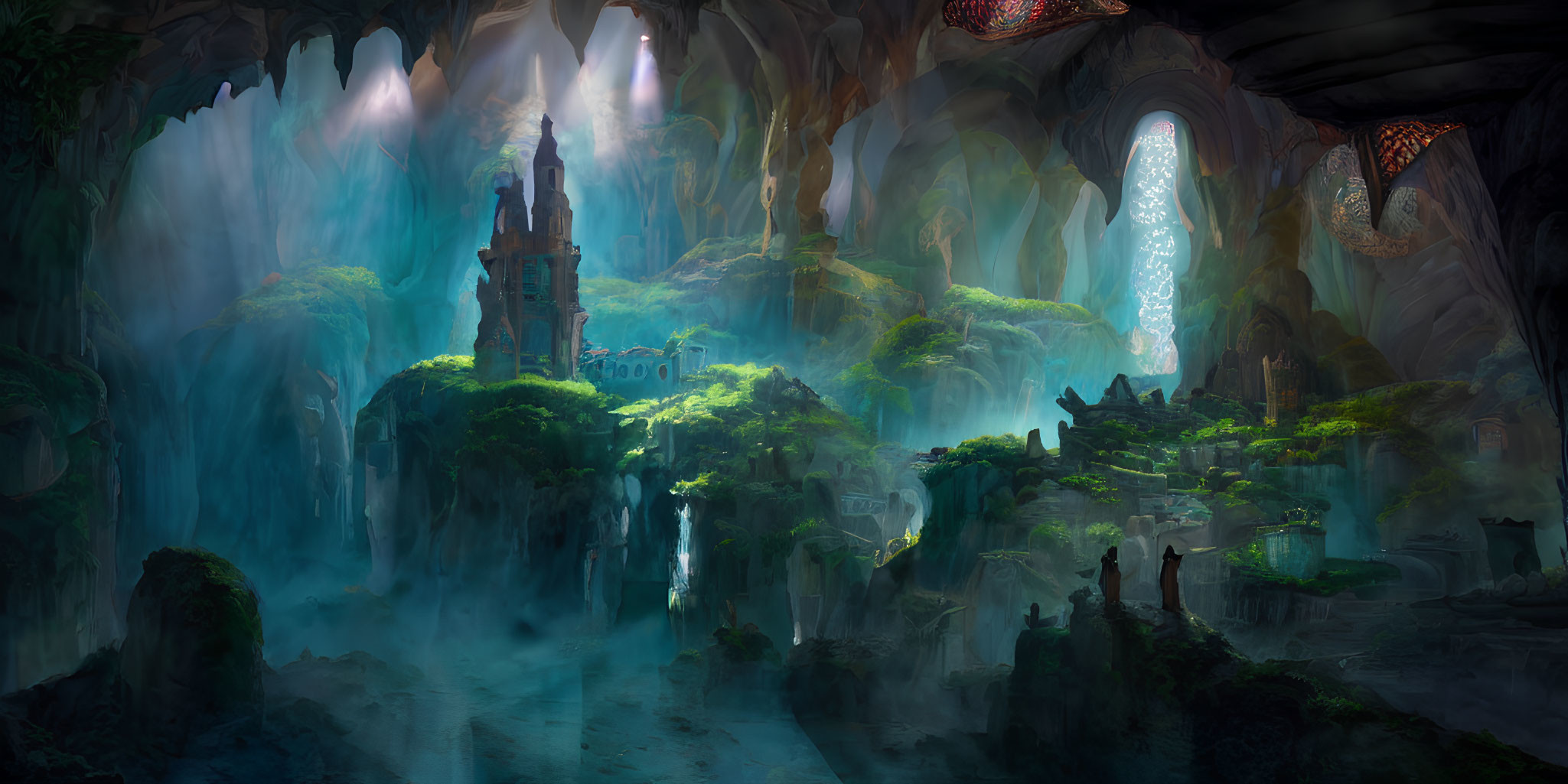 Mystical cavern with luminous plants, waterfalls, castle, and ethereal light