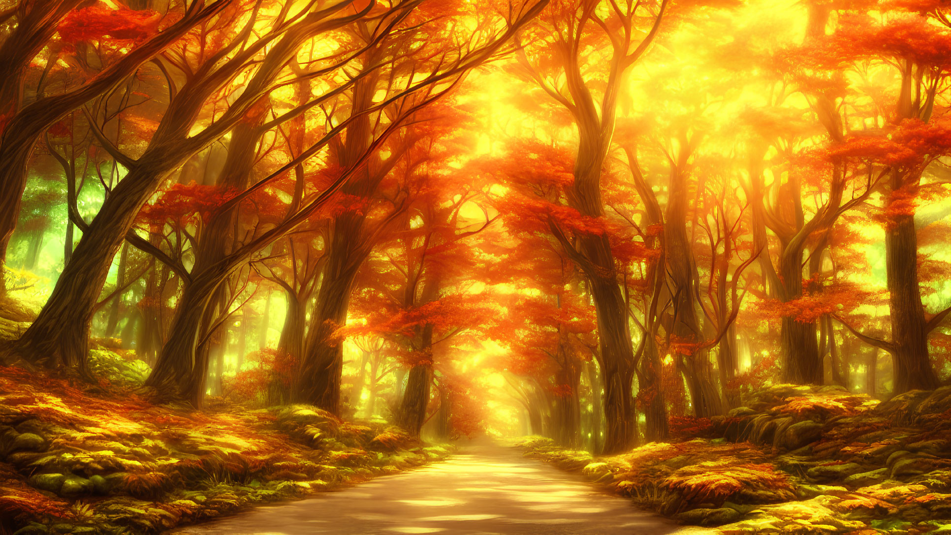 Autumn forest path with tall fiery trees under golden sunlight