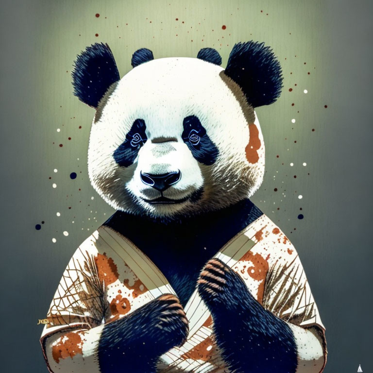 Contemplative panda illustration with stylized textures and colorful splashes