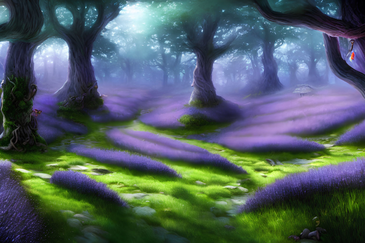 Mystical forest with towering trees, purple flowers, mist, and glowing light