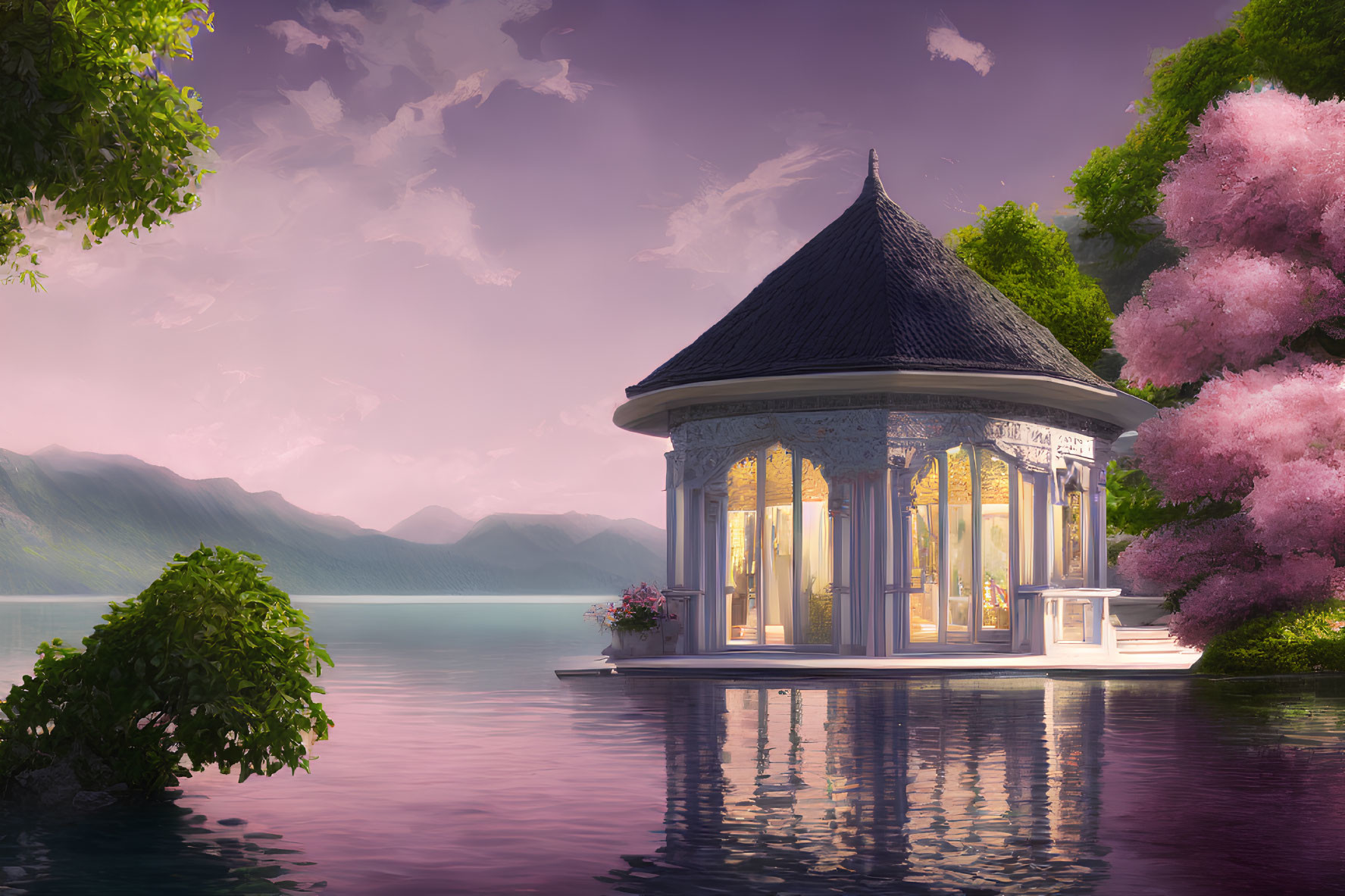 Tranquil Lakeside Gazebo with Pink Trees and Green Hills