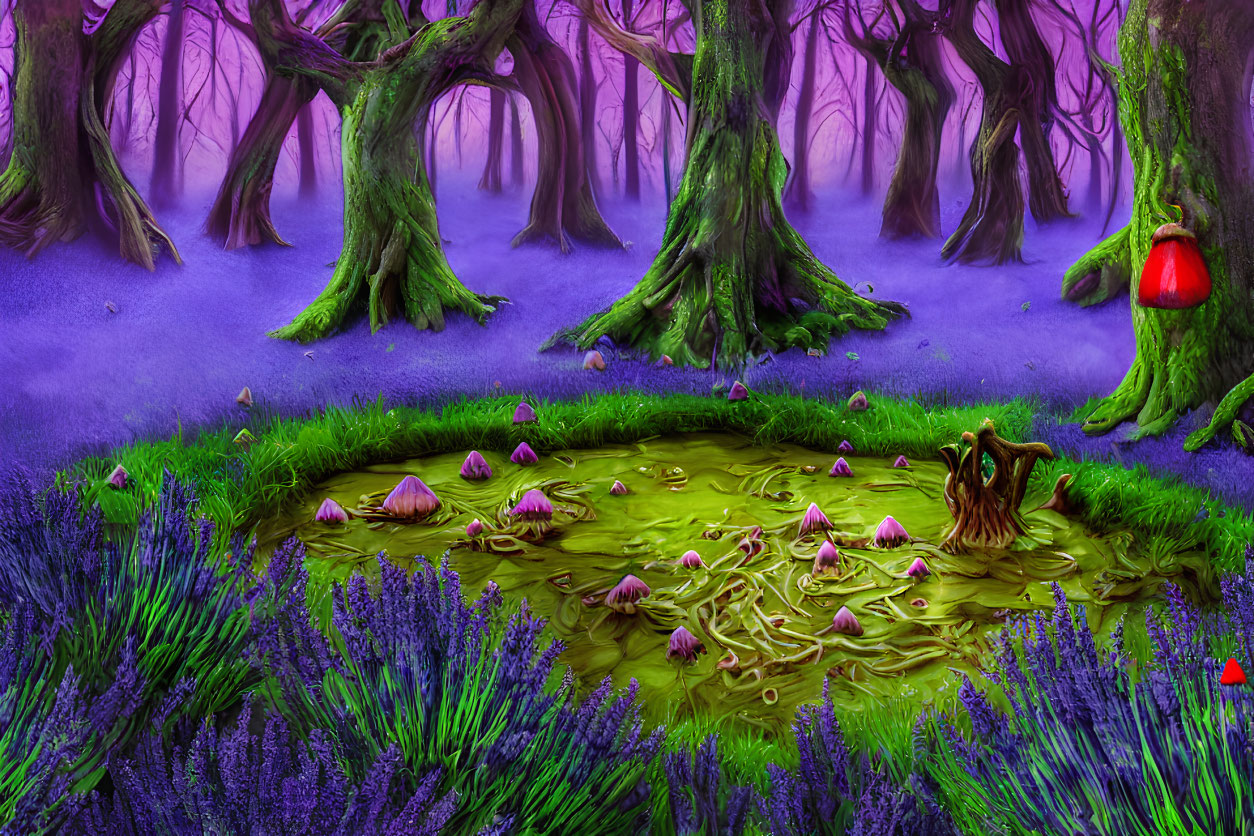 Mystical purple forest with lavender fields, twisted trees, and mushrooms in hazy setting