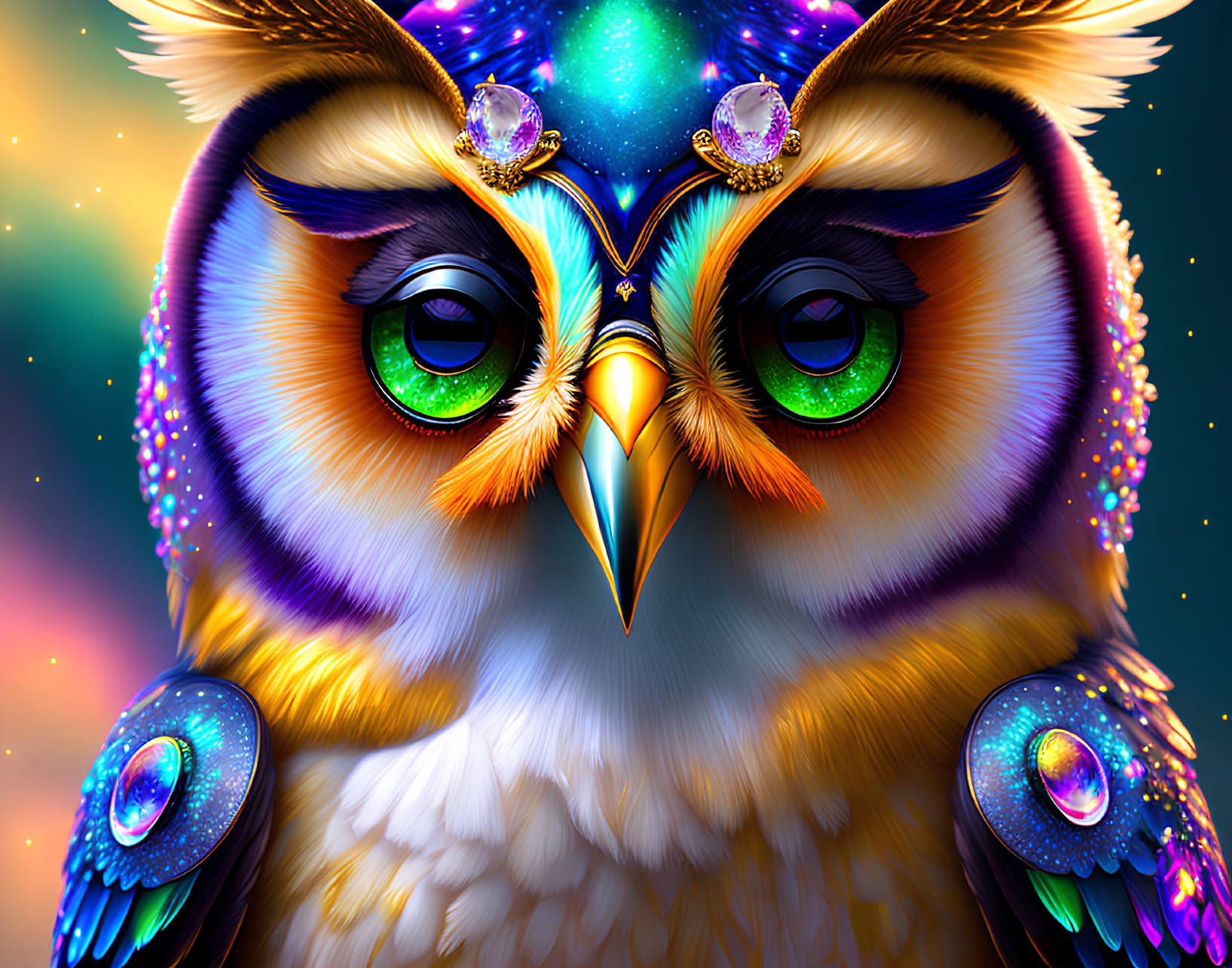 Colorful Owl Artwork with Gemstone Forehead on Starry Background