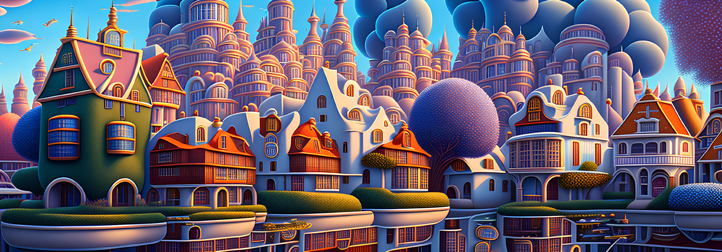 Vibrant digital artwork: whimsical cityscape with stylized buildings and trees