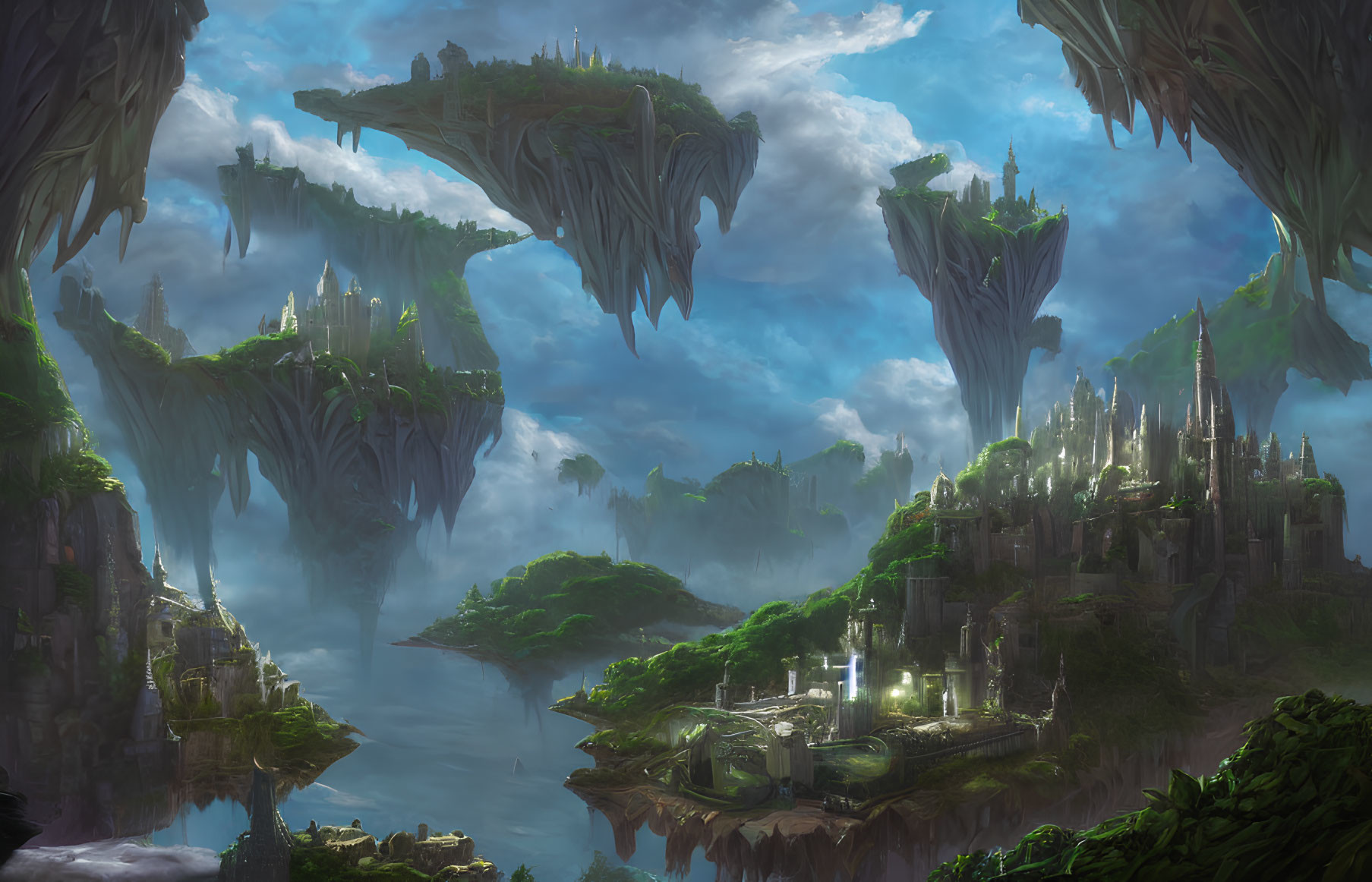 Fantastical landscape with floating islands and castles in soft light