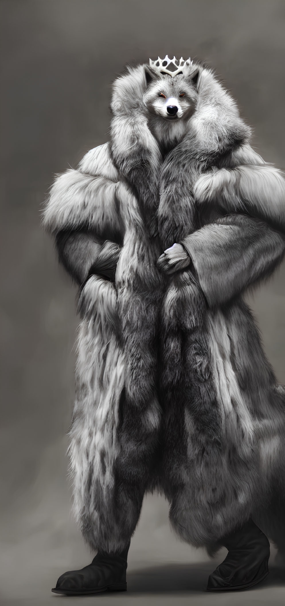 Regal figure with sloth head in crown and fur coat on gray background