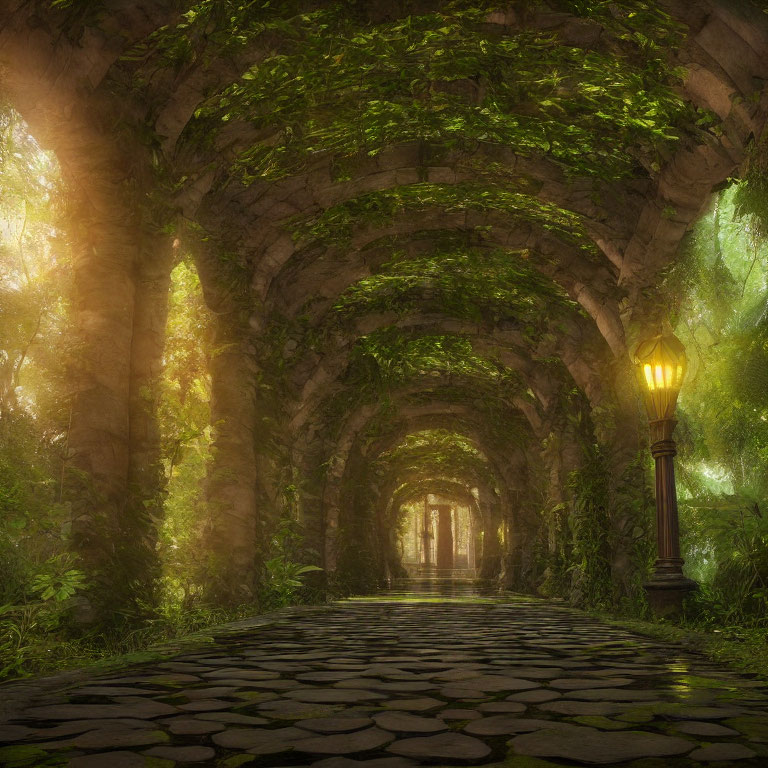 Enchanting cobblestone pathway under ivy-clad stone archway