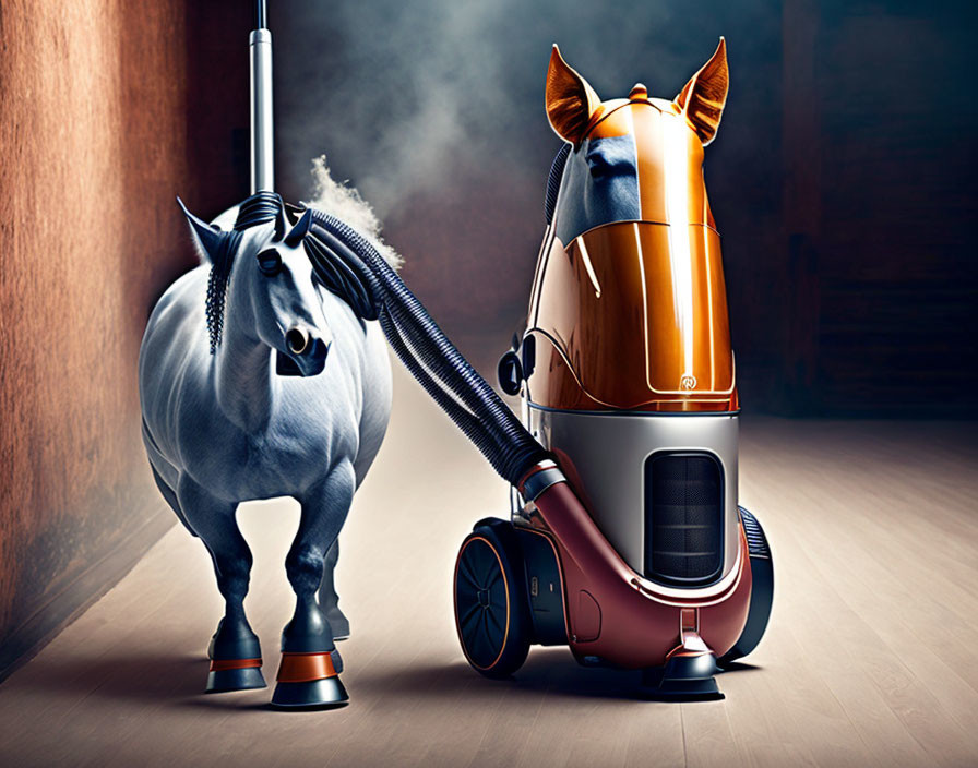 Surreal horse-shaped vacuum cleaner on wooden floor