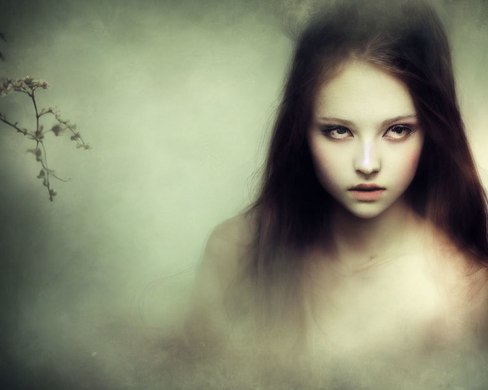 Intense-eyed young girl portrait with delicate branch on muted backdrop