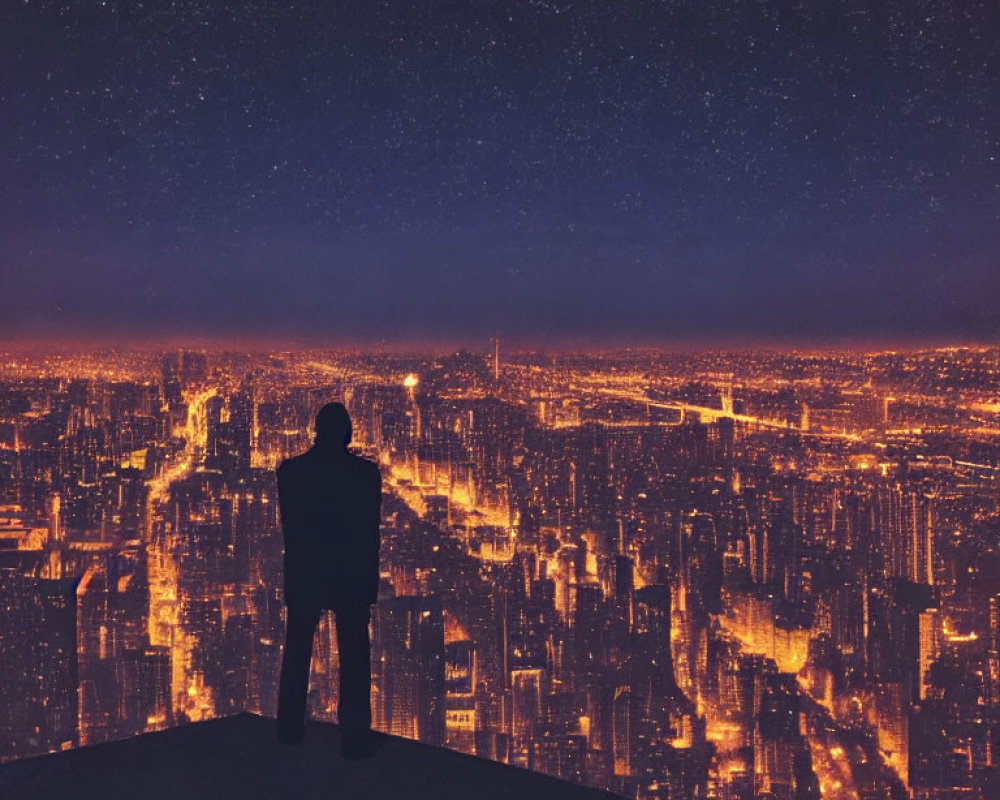 Silhouette overlooking cityscape under starry sky