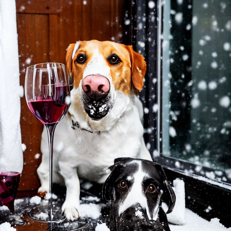 Two dogs with red wine and snowy backdrop.