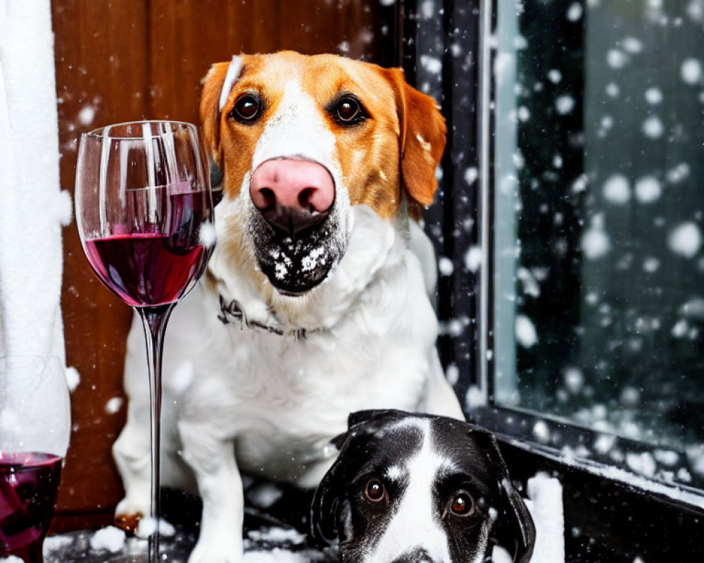 Two dogs with red wine and snowy backdrop.