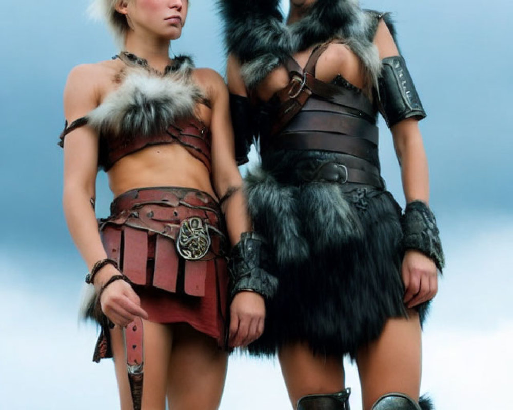 Two women in warrior costumes with fur details against a cloudy sky
