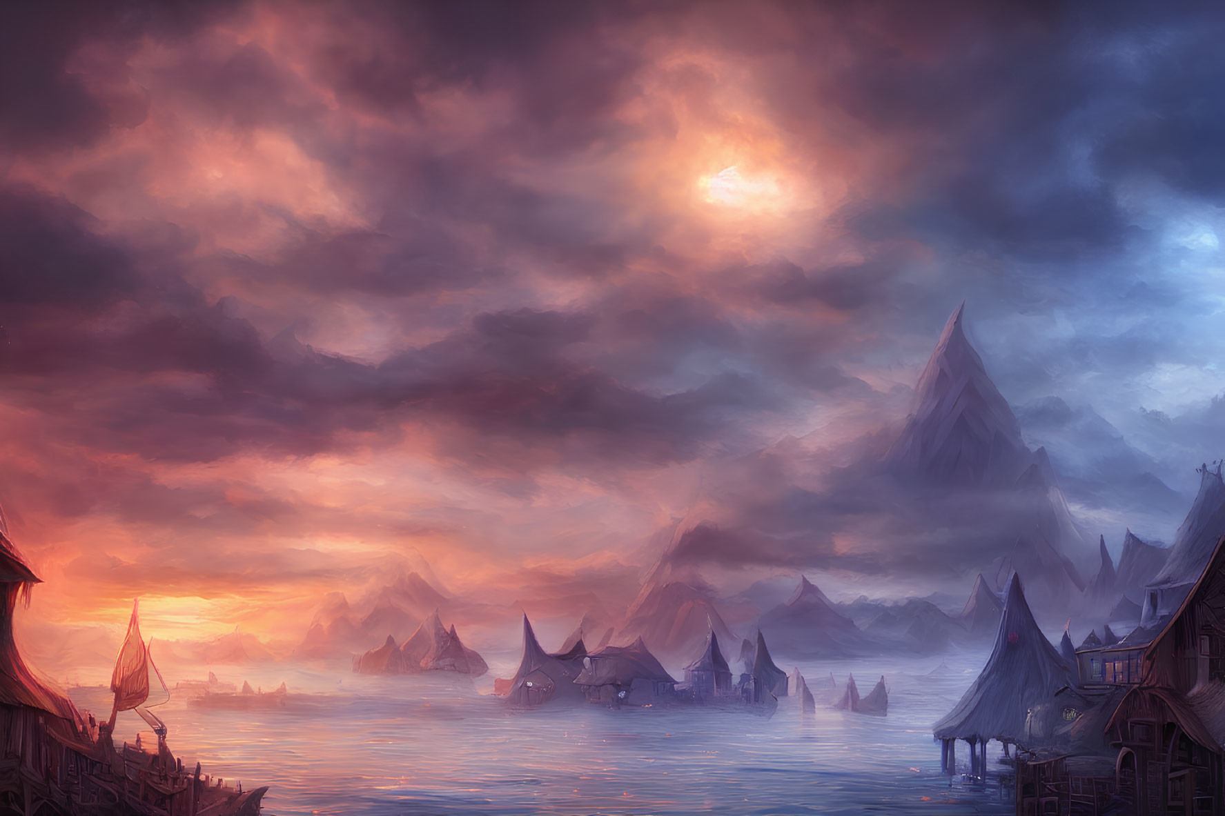 Fantasy seascape at sunset with mountains, traditional houses, boats, and glowing sky