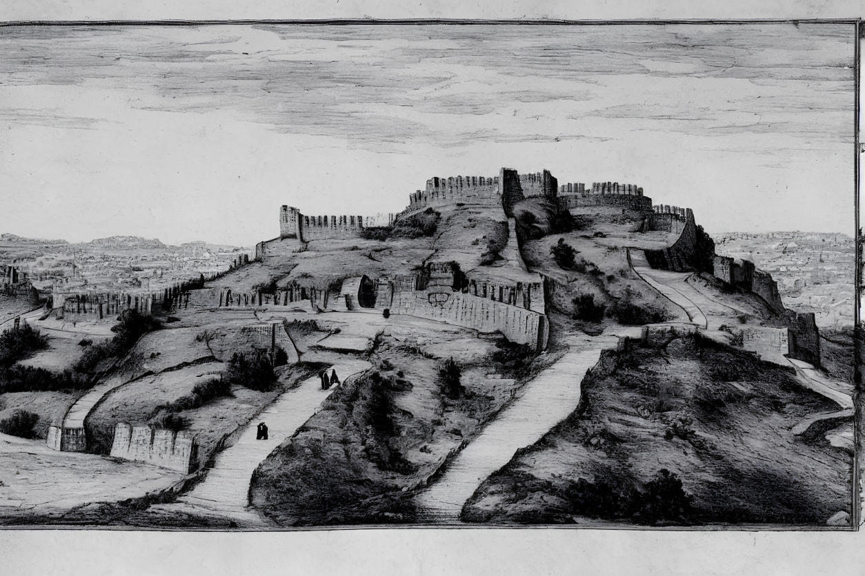 Monochrome sketch of ancient hilltop fortress with battlements and surrounding plains