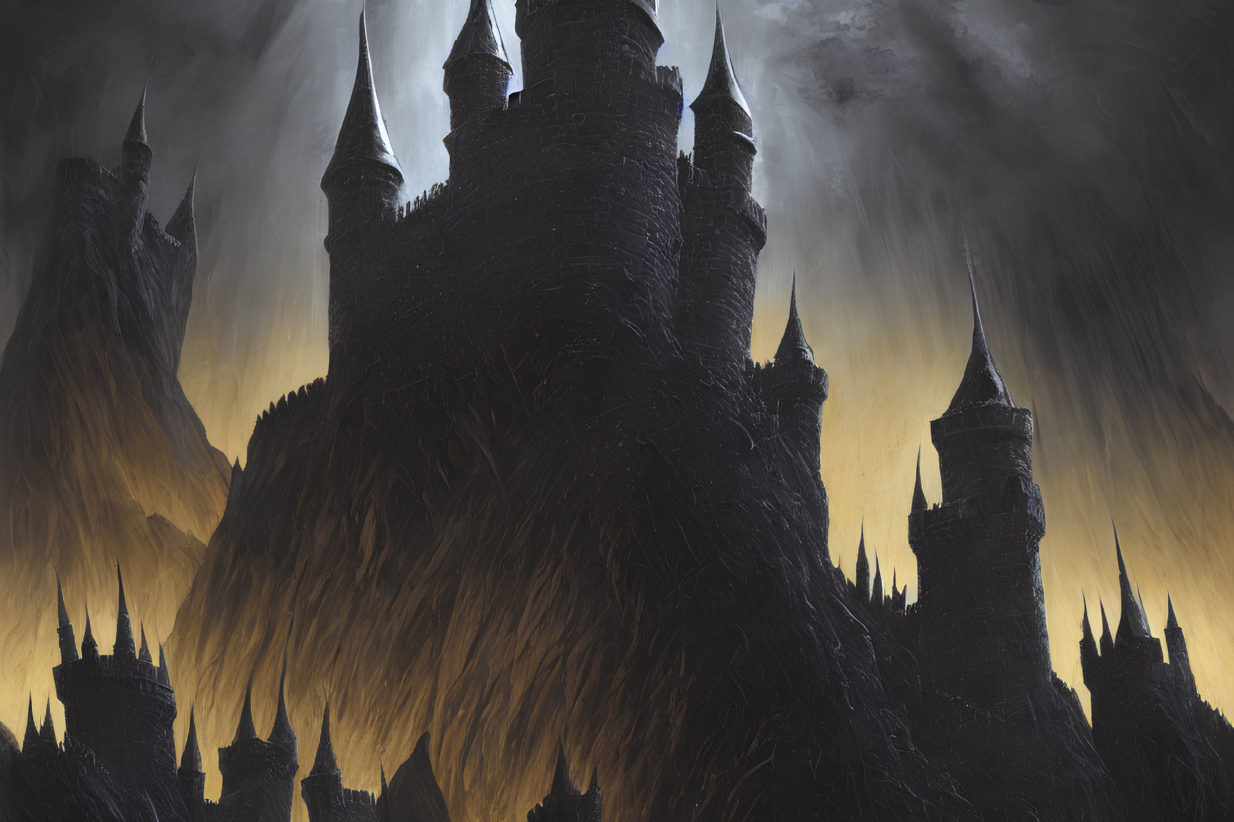 Eerie castle with spires under gloomy skies and fiery light glimpses