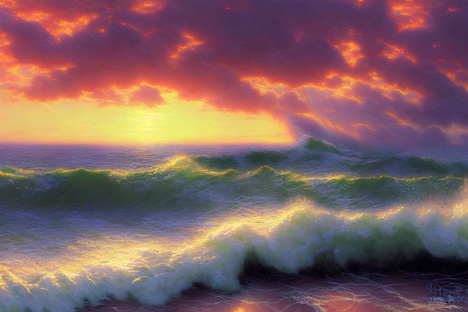 Colorful Ocean Scene: Green Waves, Purple Clouds, Golden Sunset