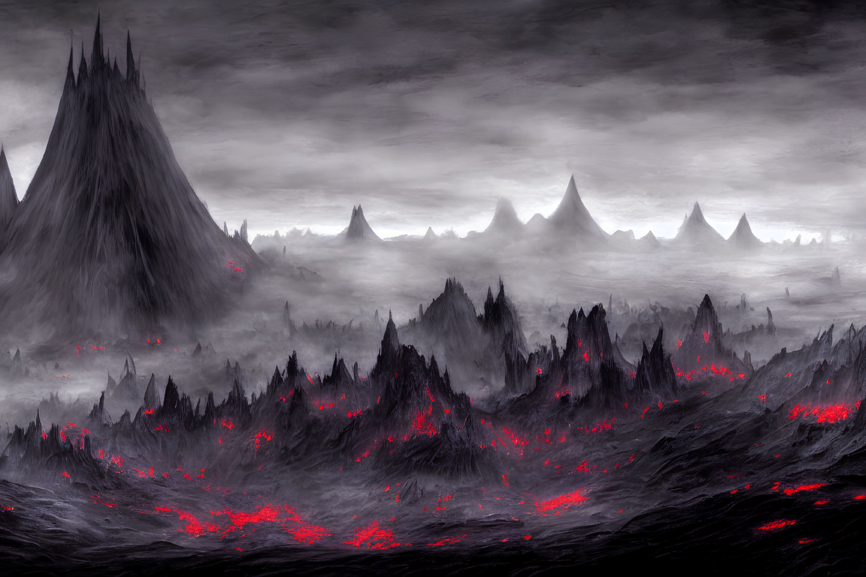 Sinister mountains under red lava flow in cloudy sky