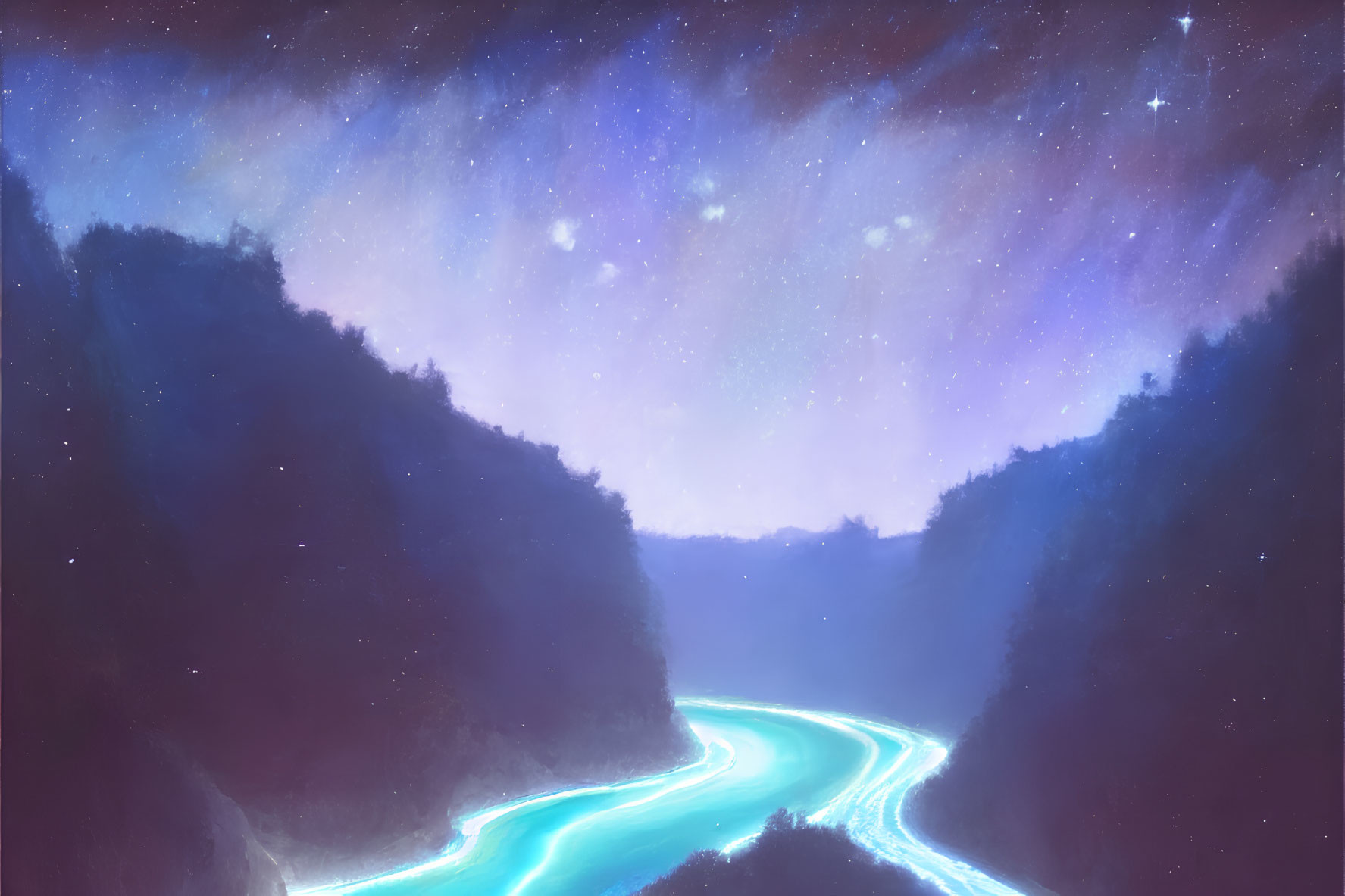 Glowing blue river in dark mountain valley under starry night sky