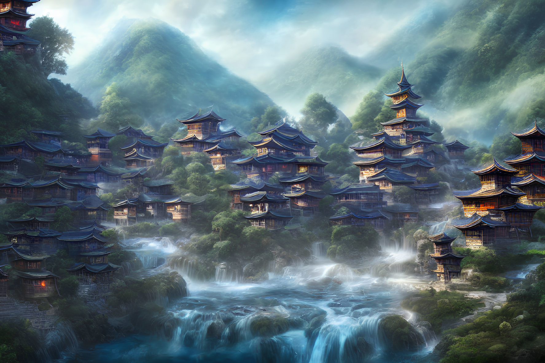 Traditional pagodas on waterfalls in misty mountains landscape