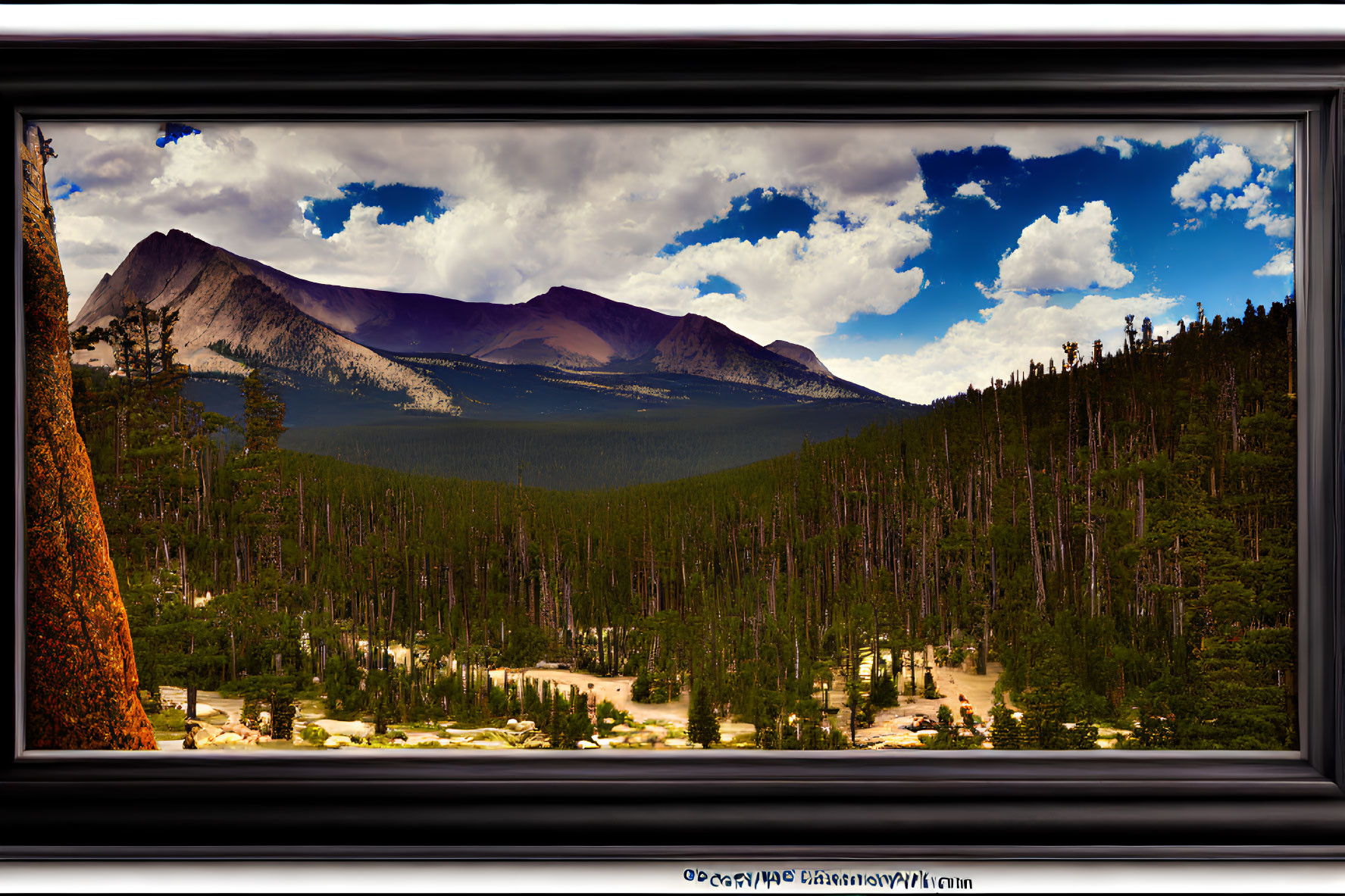 Mountain backdrop, lush forest, clear lake: picturesque landscape view.