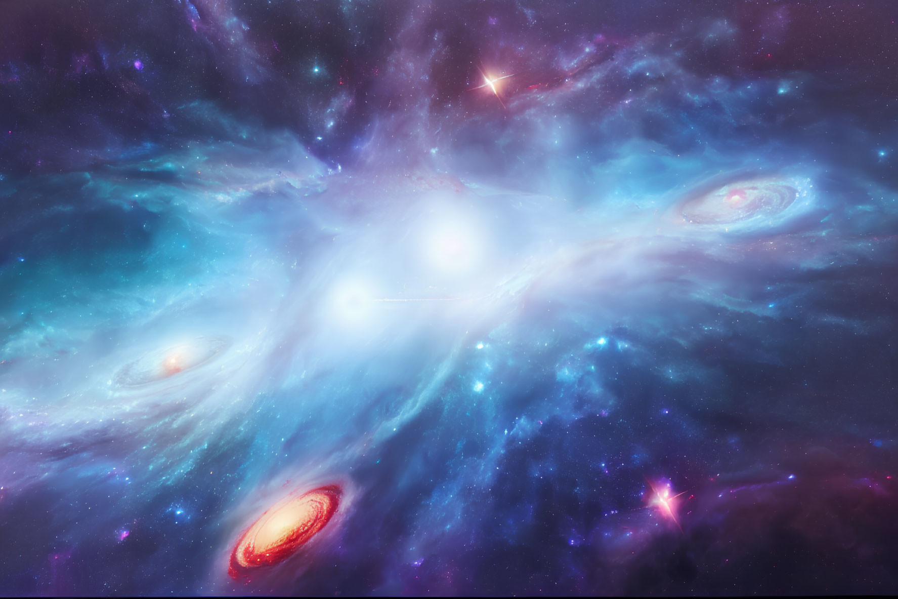 Bright central star surrounded by nebulous clouds and spiral galaxies in cosmic scene