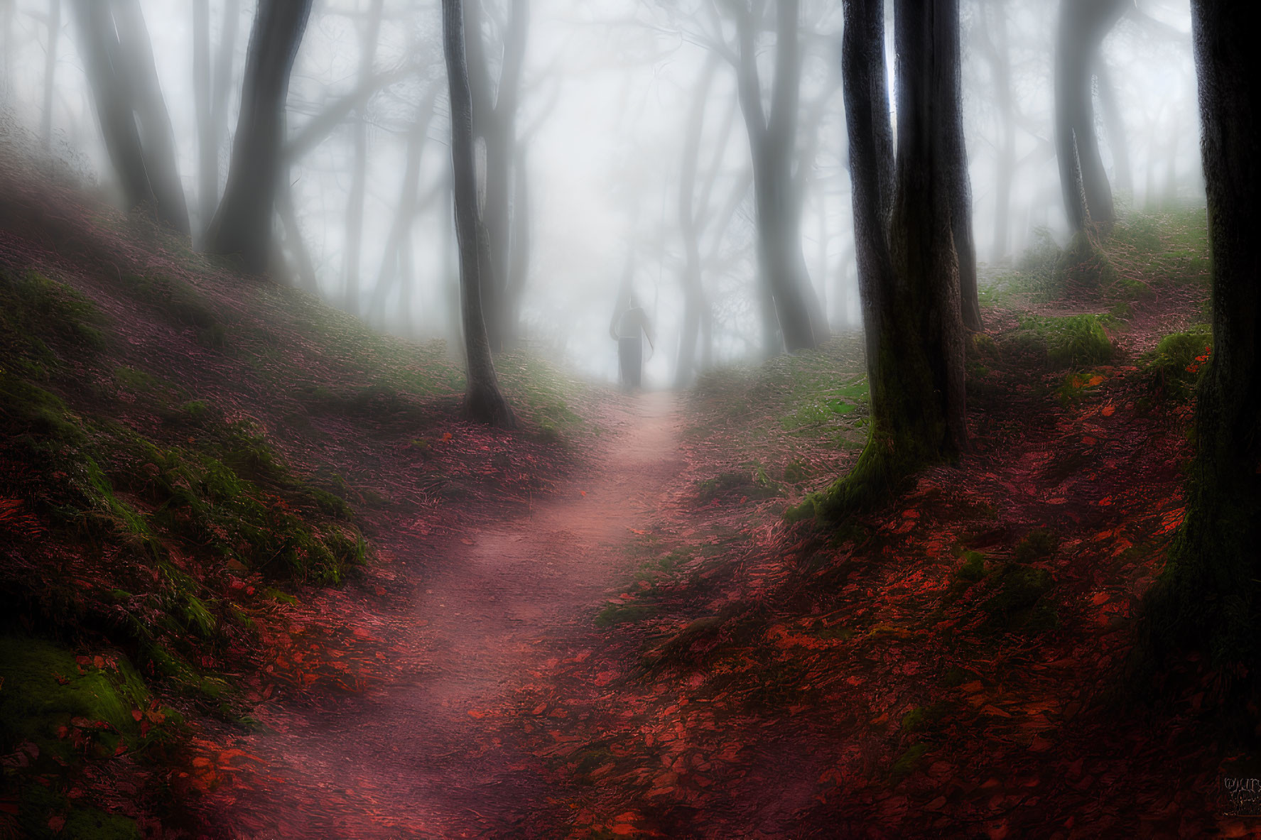 Misty forest with leaf-covered path and silhouetted figure in distance