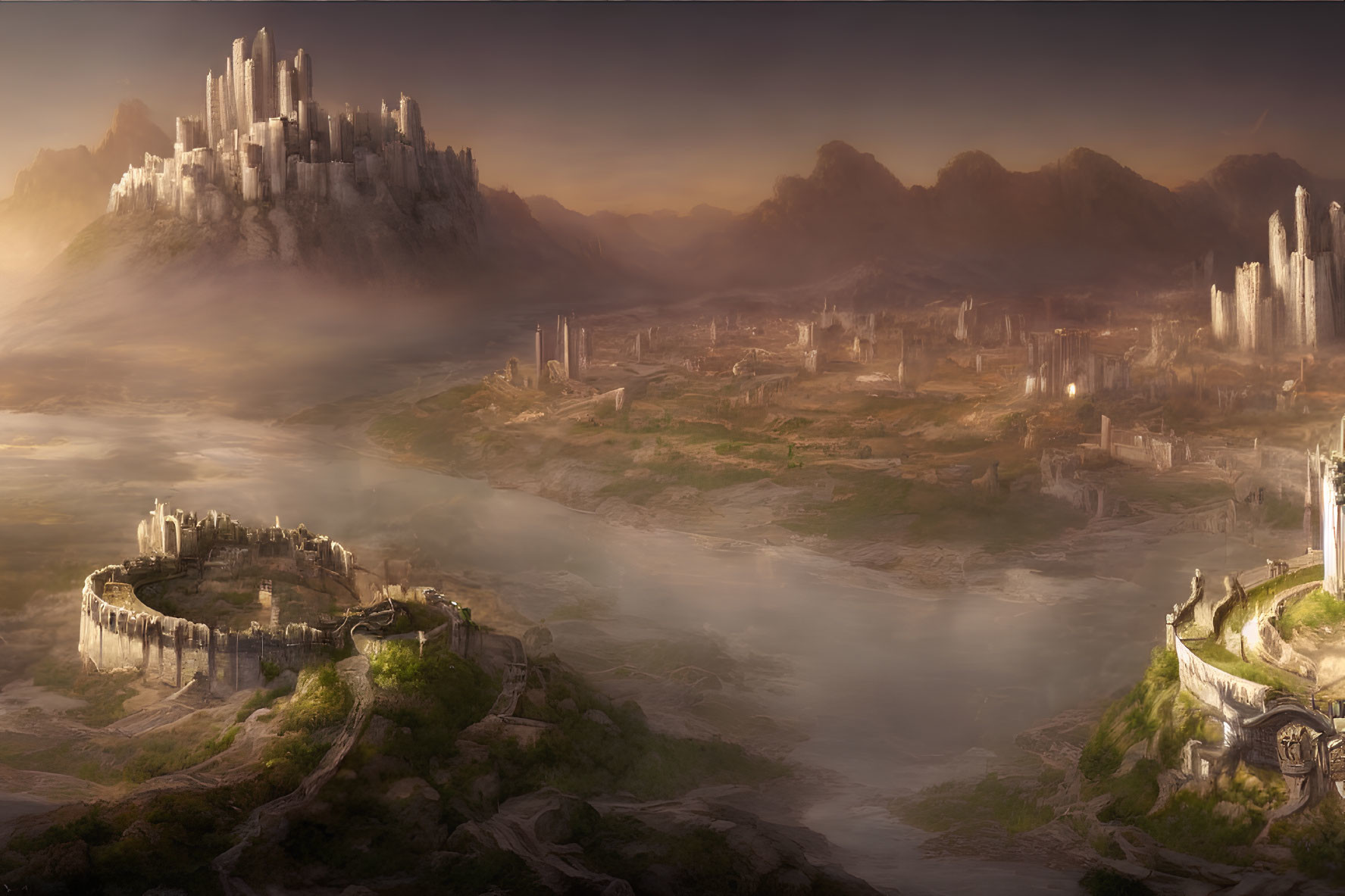 Majestic castle on cliff in misty fantasy landscape