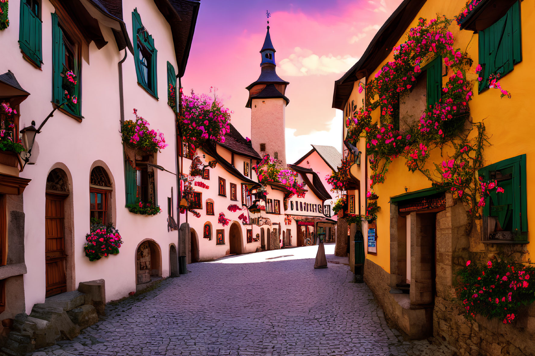 Traditional cobblestone street with vibrant flowers and old tower at sunset