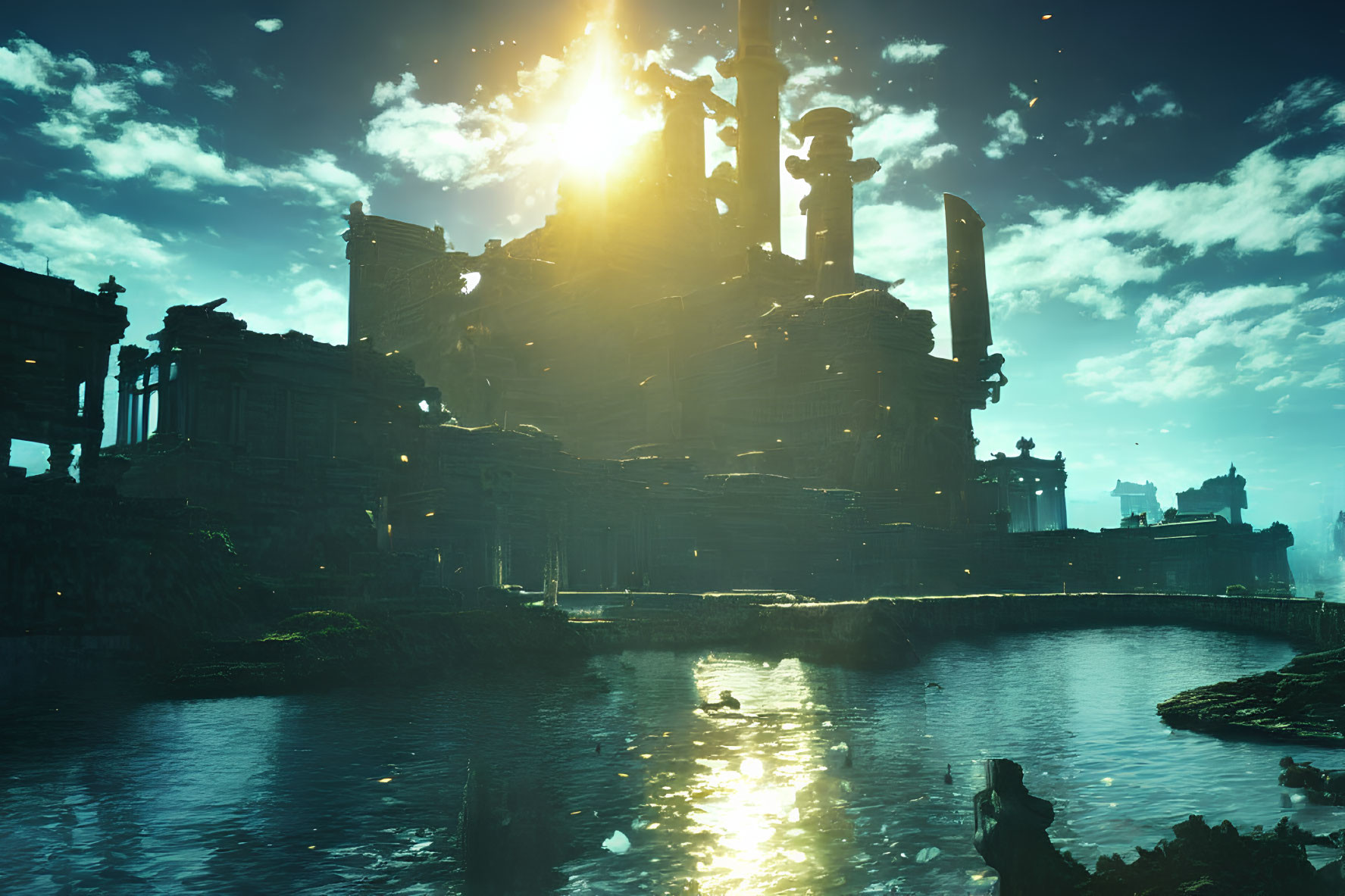 Sunlit ruins of ancient structure surrounded by water and birds.