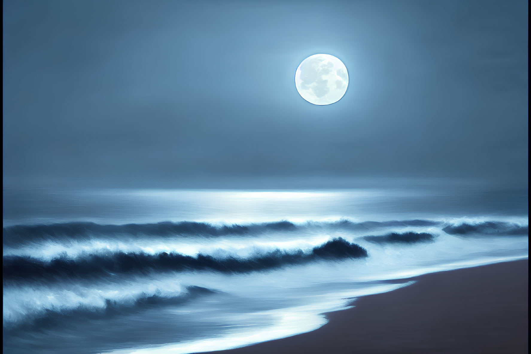 Full Moon Night Seascape with Gentle Waves and Sandy Shore