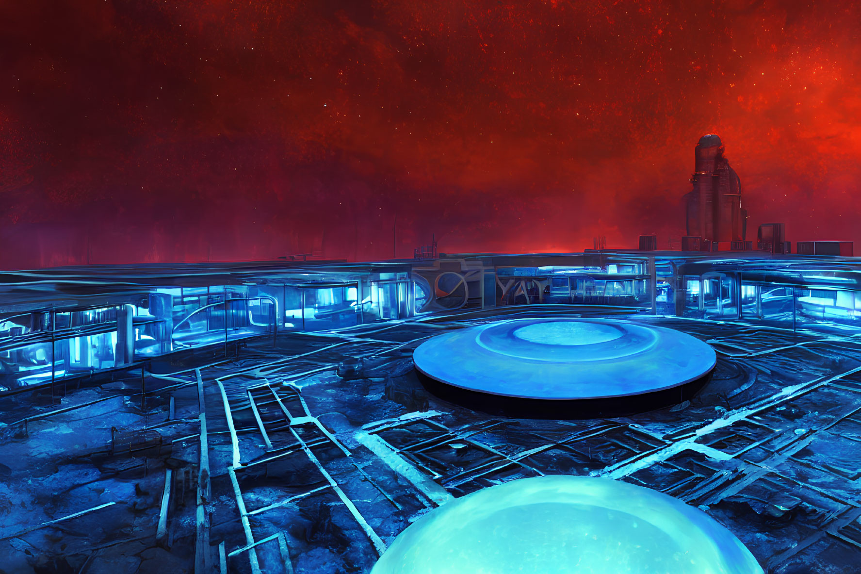 Futuristic cityscape with glowing blue structures and energy core under red sky